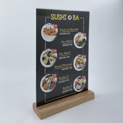Kệ mica 2 mặt Enter E43 100x210mm đế gỗ 1/3A4 đứng, Kệ menu nhà hàng, Standee mica để bàn, Bảng quét mã QR Code