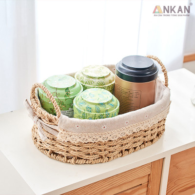 Giỏ Đựng Đồ Ăn Vặt Có Quai Hình Bầu Dục Lót Vải Hoa – Sợi Giấy Cán Mỏng Nhẹ Bền, Dễ Vệ Sinh