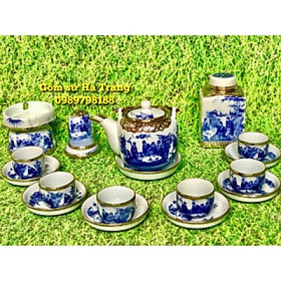 Bộ ấm chén trúc lâm thất hiền dáng vại bọc đồng đủ phụ kiện y hình