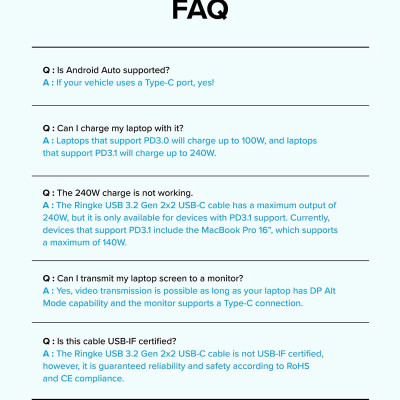 Cáp sạc nhanh 240W cho điện thoại/laptop/tablet RINGKE USB-3.2 Gen 2X2 USB-C Cable - Hàng Chính Hãng