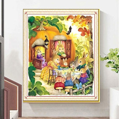 Tranh thêu kín Gia đình Thỏ DX1335, kích thước 67 x 60 cm