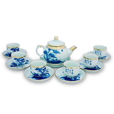 Bộ ấm chén men lam, lã vọng câu cá dáng chuông