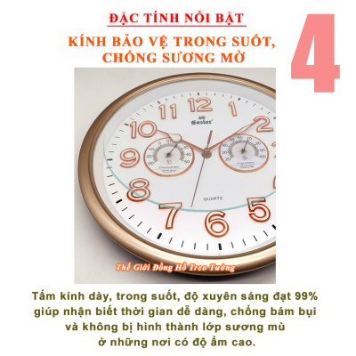 Đồng Hồ Treo Tường Cao Cấp EASTAR KIM TRÔI Tròn Có DẠ QUANG - ĐH Đo NHIỆT ĐỘ Và ĐỘ ẨM - Số Nổi 3D - Tặng Pin Maxell - BH 1 Năm