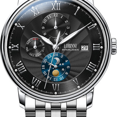 Đồng hồ nam chính hãng LOBINNI Ref.1023-5 (Phiên bản đặc biệt Limited) Kính sapphire nguyên khối ,chống xước,chống nước 50m,mặt đen vỏ trắng dây da đen ( nâu) xịn, thép không gỉ 316L,Đồng hồ cơ (Automatic),BH 24 tháng,thiết kế sun and moon sang trọng