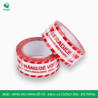 BK3D - Băng keo HÀNG DỄ VỠ màu đỏ trắng khổ 4.8 cm - Băng dính niêm phong - 6 cuộn