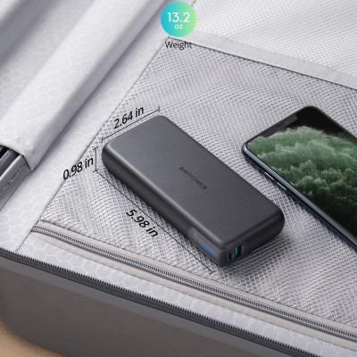 Pin Sạc Dự Phòng RAVPower 20000mAh Quick Charge 3.0 + PD 60W, In/Out Type-C, Sạc Được Macbook - RP-PB201 - Hàng Chính Hãng