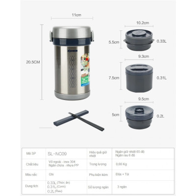 Hộp cơm giữ nhiệt 3 ngăn Zojirushi SL-NC09-ST 0.84L sản xuất tại Thái Lan