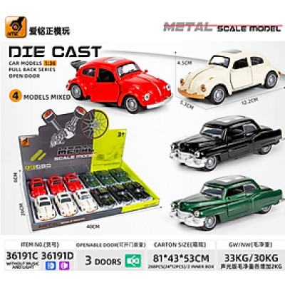 36191C Mô hình xe ô tô kim loại tỷ lệ 1:3 - bộ 12 chiếc (KT 12.2x5.3x4.5cm)