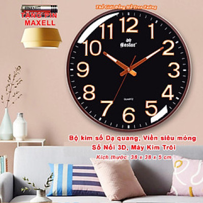 Đồng Hồ Treo Tường Cao Cấp DẠ QUANG EASTAR Mặt Tròn Lớn Viền Mỏng 38cm – Số nổi 3D – Máy NHẬT KIM TRÔI - Tặng Pin Maxell - BH 1 Năm - Treo Tường Decor Trang Trí Nhà Cửa