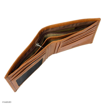 Ví Nam Polka Da Bò Full Grain, Size Lớn, Thiết Kế Cổ Điển, Đơn Giản - Mỏng Nhẹ, Dáng Ngang - Gập 2, Ngăn Đựng Tiền Có Khóa Kéo, Nhiều Ngăn Để Giấy Tờ Tiện Dụng