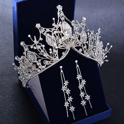 Bộ trang sức vương miện và bông tai hoa dây lộng lẫy make up cô dâu, dạ tiệc