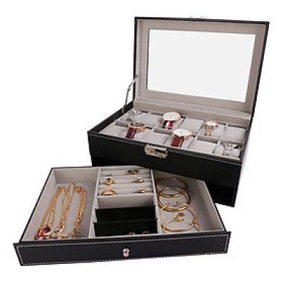 Hộp Đựng Đồng Hồ Nam Nữ  2 Tầng 21 Ngăn Bọc Da Cao Cấp Có Mút Silicon Chống Xước Mặt Đồng Hồ - Hàng Chính Hãng MINIIN