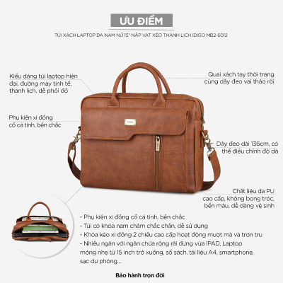 Túi xách công sở nam nữ nắp vạt xéo thanh lịch IDIGO MB2 - 6012, túi đựng laptop 15 inch cao cấp