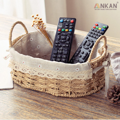 Giỏ Đựng Đồ Ăn Vặt Có Quai Hình Bầu Dục Lót Vải Hoa – Sợi Giấy Cán Mỏng Nhẹ Bền, Dễ Vệ Sinh