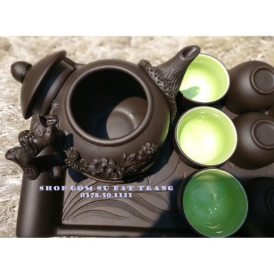 Bộ ấm trà gốm đắp tay khay chữ nhật 29x19cm