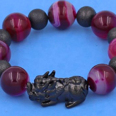 Chuỗi tay Tỳ Hưu inox mix Thạch Anh Hồng Sọc size 16 ly phối 6 bi - hợp mệnh Hỏa, mệnh Thổ - Chuỗi size XXL