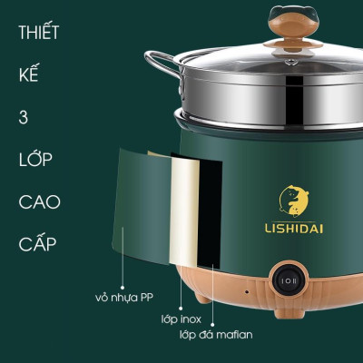 Nồi điện mini 2 tầng LISHIDAI cho 1-2 người ăn - Chiên, xào, luộc, nấu cơm tặng kèm khay hấp inox (LIS03)