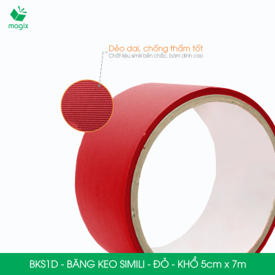 BKS1D - 6 cuộn băng keo Simili khổ 5cm x 7m - Đỏ - Băng dính dán gáy sách, đóng cuốn