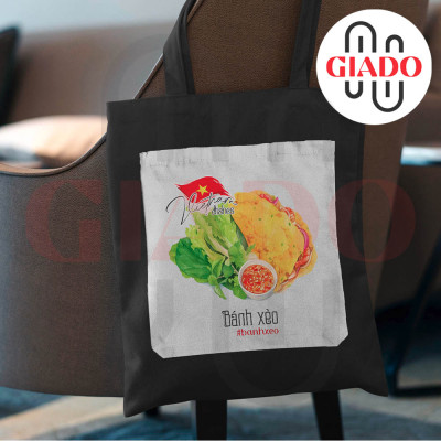 Túi canvas GIADO, túi canvas đen, túi tote in hình món ăn Việt Nam mẫu bánh xèo