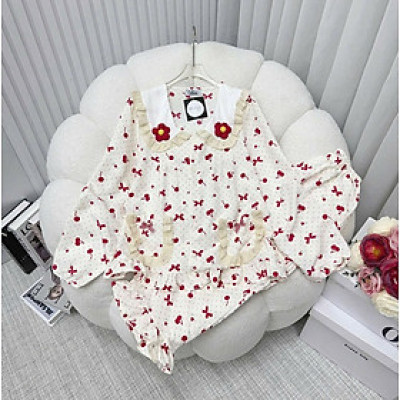 Bộ Đồ Ngủ Cotton Đũi Tay Dài Quần Dài Đính Nơ Thêu Hoa Dễ Thương