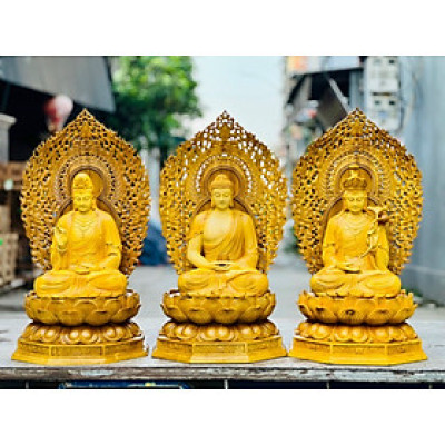 Bộ Tượng phật tây phương tam thánh bằng gỗ gõ vàng kt 90×48×48cm