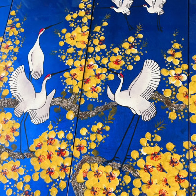 Bộ Tranh sơn mài 4 tấm - HOA ĐÀO & ĐÀN HẠC TIÊN - Size 50x80 cm / 60x120 cm - Ý nghĩa Phong Thủy