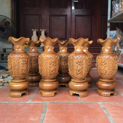 Cặp lục bình trạm khắc tứ quý phong thủy hút tài lộc ,bằng gỗ bách xanh thơm nức kt cao30×10cm