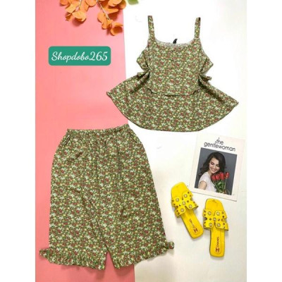 Bộ ngủ 2 dây,đồ ngủ mặc nhà lửng vải lụa BL 28 hoạ tiết hoa nhí siêu cưng.