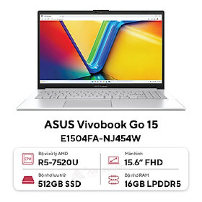 Laptop Asus Vivobook Go 15 E1504FA-NJ454W (Ryzen 5 7520U | 16GB | 512GB | 15.6 inch FHD | AMD Radeon Graphics | Win 11 | Bạc) - HÀNG CHÍNH HÃNG