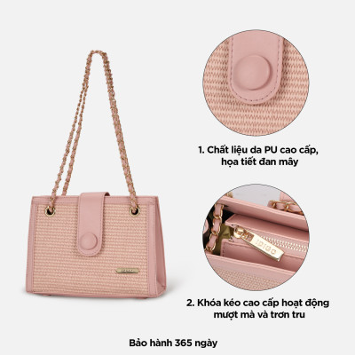 Túi xách nữ đeo vai công sở phom đứng, túi đeo chéo nữ họa tiết đan mây phối dây xích IDIGO FB2 - 5061