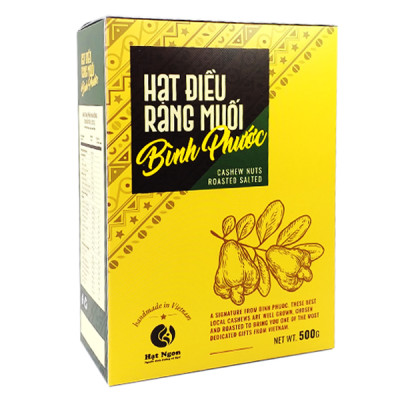 Hạt Điều vỏ lụa rang muối Bình Phước, loại A – Hộp giấy 500g, chuyên dùng biếu tặng.