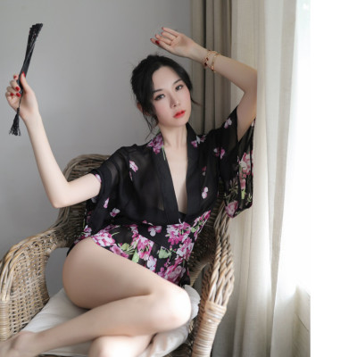 Áo choàng tắm Pyjama voan hoa ngắn tay gợi cảm