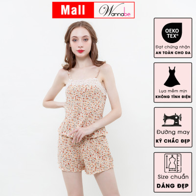 Đồ bộ mặc nhà WANNABE BSS95 đồ bộ quần sọt mặc với áo 2 dây lụa mango mềm mịn dạng ống ngang viền ren đơn giản dễ thương