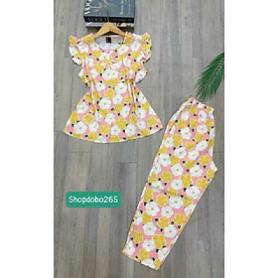  Đồ bộ nữ,đồ ngủ mặc nhà lửng 9 tấc áo 2 lớp tay cánh tiên vải lanh BL 42 họa tiết dễ thương size 51-65kg.