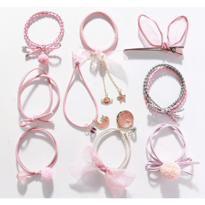 Sét 9 dây buộc tóc và kẹp xinh xắn, có kèm túi lưới phong cách Hàn Quốc, giao màu ngẫu nhiên