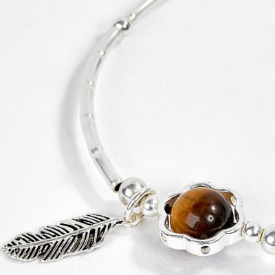 Vòng Bạc Hạt Đá Mắt Hổ Vàng Nâu Phối Charm Lá Ngọc Quý Gemstones