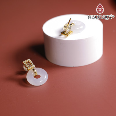Bông tai bạc đồng điếu đá cẩm thạch phỉ thúy màu bạch ngọc type A mệnh hỏa , mộc - Ngọc Quý Gemstones