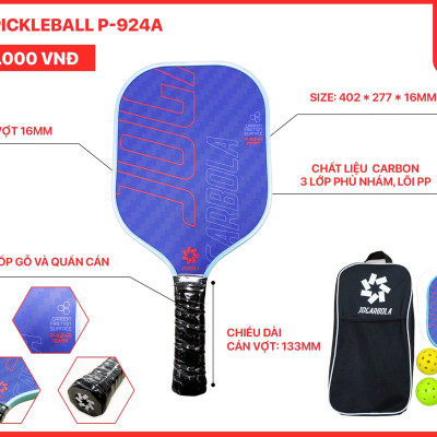 Vợt Pickleball Jogarbola P924A mẫu mới 16mm, mặt vợt Carbon, 3 lớp phủ nhám, lõi PP siêu bền