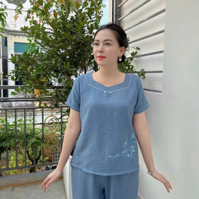 ️Đồ Bộ Trung Niên️ Đồ Bộ Mặc Nhà, Mẫu Lửng Đũi Trung Niên Nữ Cho Mẹ Kiểu Nút Thắc Nơ Cổ Tròn Ngắn Tay Mềm Mịn