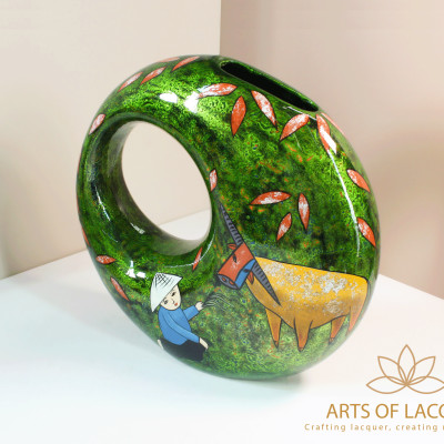 Bình Hoa Sơn Mài "Thuận Hoà Làng Quê"( Xanh Nhạt )