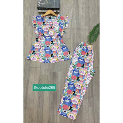  Đồ bộ nữ,đồ ngủ mặc nhà lửng 9 tấc áo 2 lớp tay cánh tiên vải lanh BL 42 họa tiết dễ thương size 51-65kg.