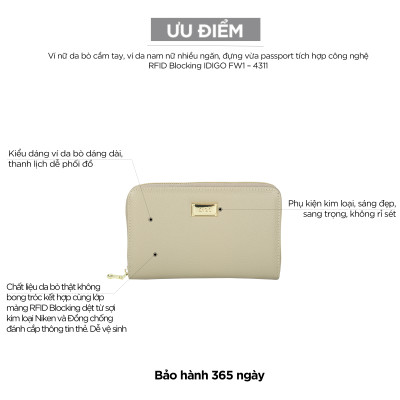 Ví nữ da thật cầm tay, ví da nam nữ nhiều ngăn, đựng vừa passport tích hợp công nghệ RFID Blocking IDIGO FW1 - 4311