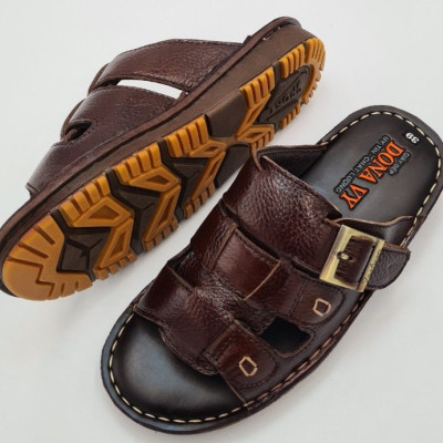 Dép quai ngang nam da bò cao cấp DONAVY, thiết kế kiểu khuy đồng thời trang D3KD