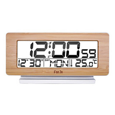 Đồng hồ kỹ thuật số FanJu có chức năng hiển thị nhiệt độ, mặt gỗ thời trang, đèn nền màn hình LCD với phông chữ lớn dễ đọc