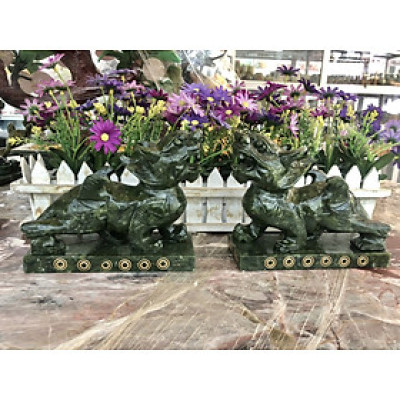 Cặp Tỳ Hưu phong thủy đá ngọc serpentine có đế - Dài 17 cm