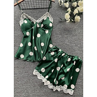 Bộ đồ ngủ nữ quần đùi áo 2 dây chất phi lụa chấm bi BN43