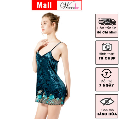 Đầm Ngủ Nhung Wannabe Velvet DN609 váy ngủ 2 dây phối ren hoa nổi bật quyến rũ