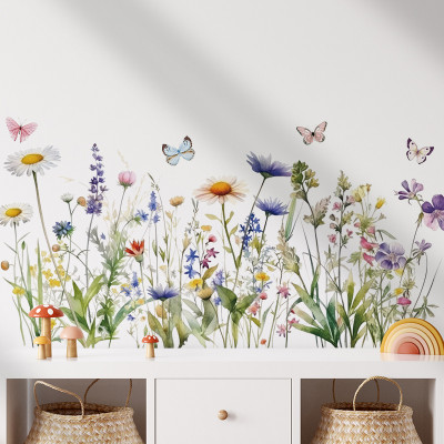 Sticker Giấy Dán Tường Decal Dán tường Tranh Dán Tường Trang Trí Tường Mẫu Cánh Đồng Hoa Bướm ZDB-2720