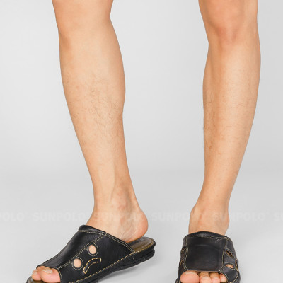 Dép Nam Quai Ngang Da Bò Cao Cấp SUNPOLO SUA15D - Đen