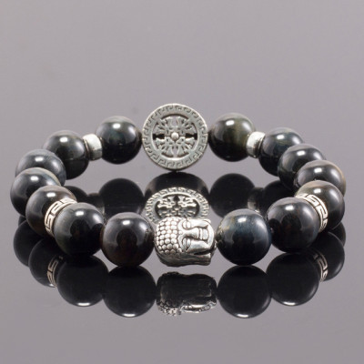 Vòng tay thạch anh mắt hổ xanh đen phối charm phật bạc (10mm) Ngọc Quý Gemstones